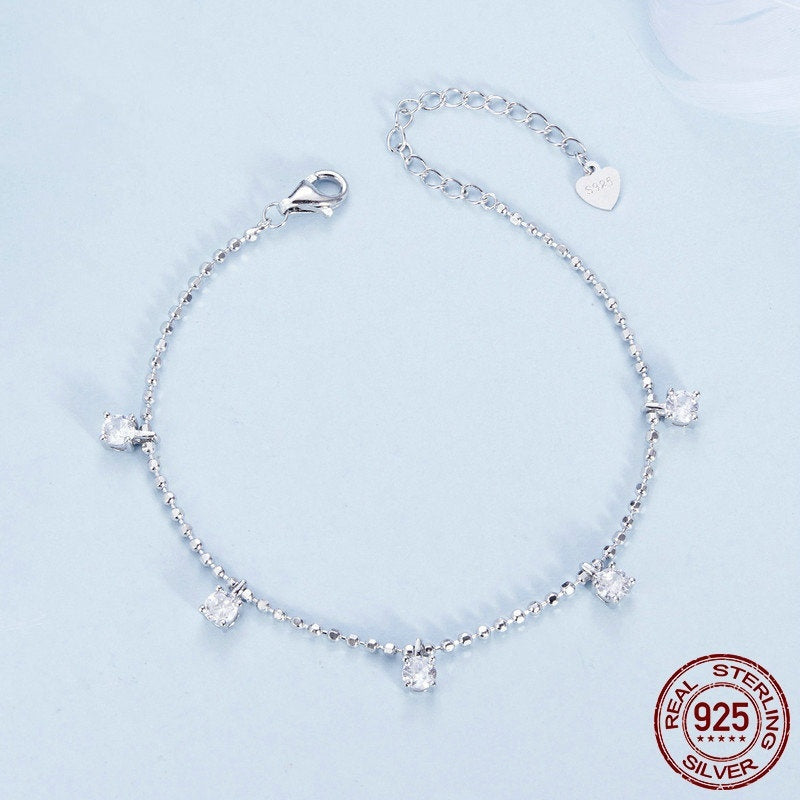 S925 Sterling Silver Round Shiny Stones Bracelet