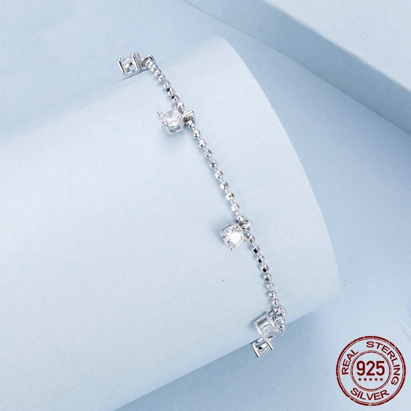 S925 Sterling Silver Round Shiny Stones Bracelet